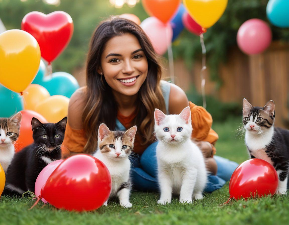 A vibrant and cozy community gathering filled with diverse people interacting with adorable kittens. Showcase cute cats playing with children, adults exchanging warm smiles, and a cheerful atmosphere with colorful decorations in the background. Incorporate elements that represent connection, such as heart-shaped balloons or a 'Cat Adoption' banner. Emphasize a sense of love and community with soft lighting and natural surroundings. super-realistic. vibrant colors. warm tones.