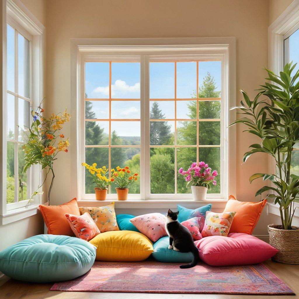 A cozy, sunlit corner of a home filled with cheerful decor, featuring playful kittens frolicking in soft, colorful cushions and surrounded by vibrant cat toys. A large window showcases a view of blooming flowers outside, casting gentle light onto the scene, while a cat tree stands proudly in the corner. Cheerful pastel colors dominate the image, evoking warmth and joy. super-realistic. vibrant colors.