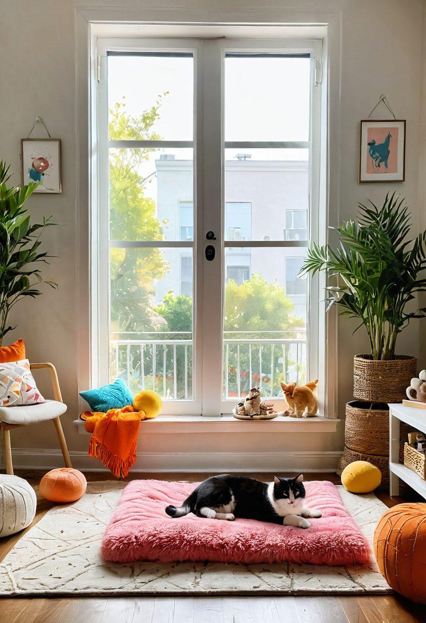A cozy cat playroom filled with various toys, scratching posts, and lounging spots. Soft sunlight streaming through a window, highlighting playful cats engaging with colorful interactive toys. A comfy cat bed in the corner with a fluffy blanket, surrounded by cheerful decor like paw prints and cat-themed artwork. Bright, inviting colors to create a warm and welcoming atmosphere. super-realistic. vibrant colors. natural light.
